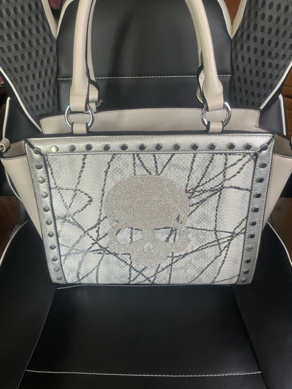 ONE OF A KIND. Studded Ivory Skull Tote Bag with Crystal Accent